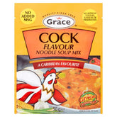 A 50g packet of Grace Cock Flavour Noodle Soup Mix, known as "A Caribbean Favourite," featuring images of a rooster and soup.